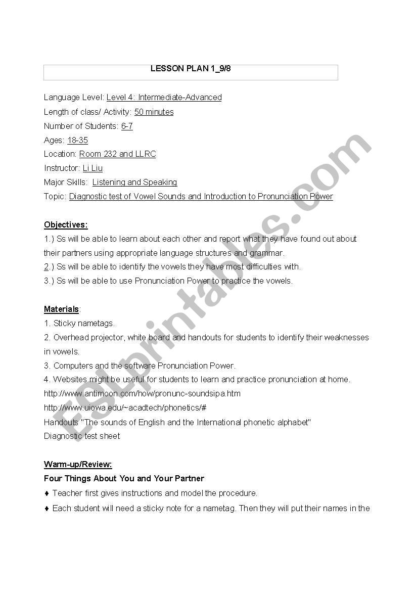 Diagnostic test of Vowel Sounds and Introduction to Pronunciation Power