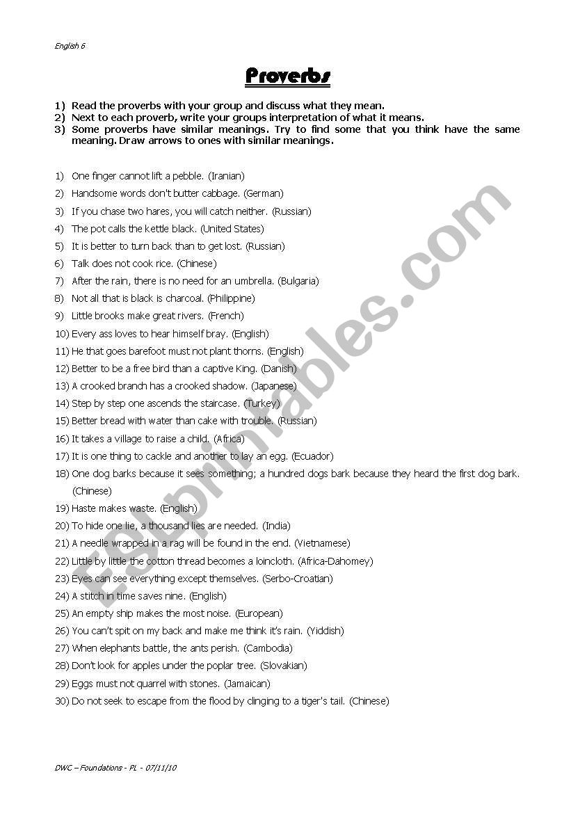 proverbs worksheet