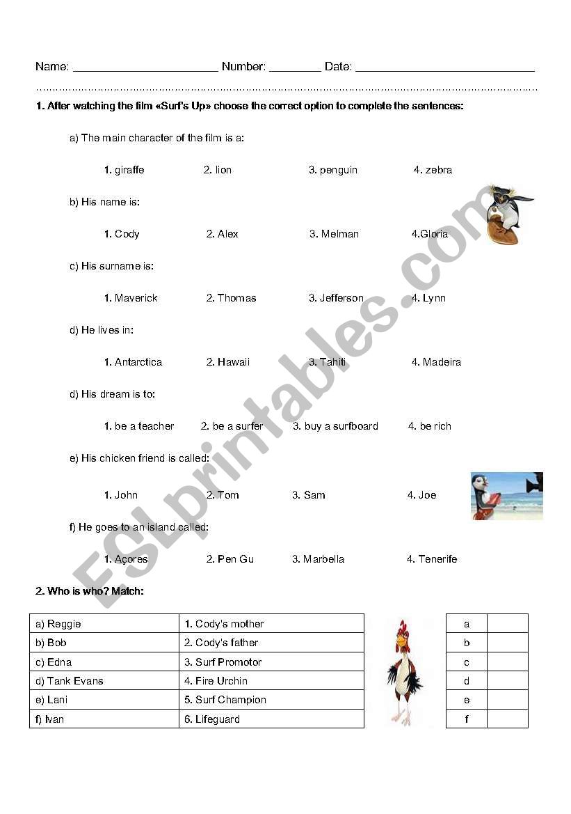 DVD worksheet - Surfs Up worksheet