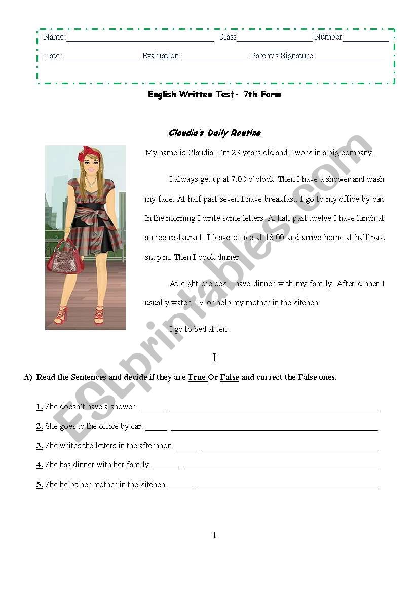 Cluadias daily routine worksheet