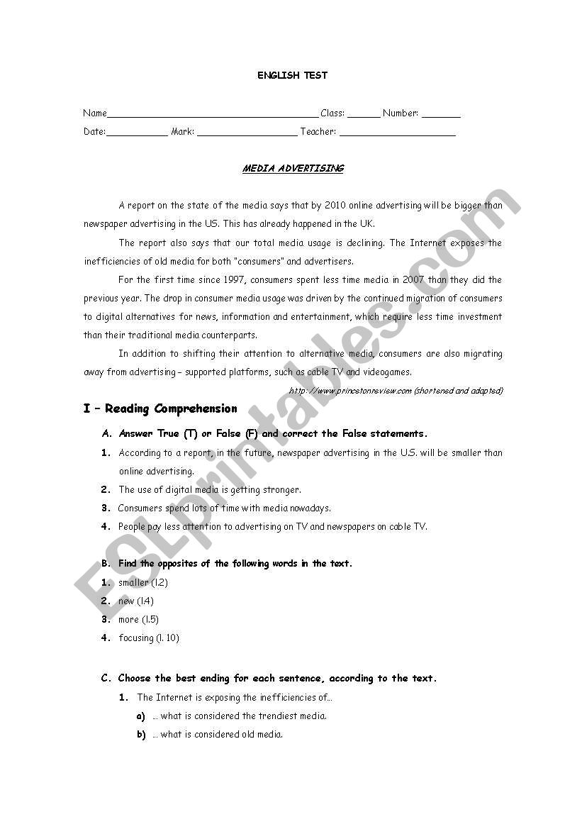 ENGLISH TEST - NEWSPAPERS worksheet