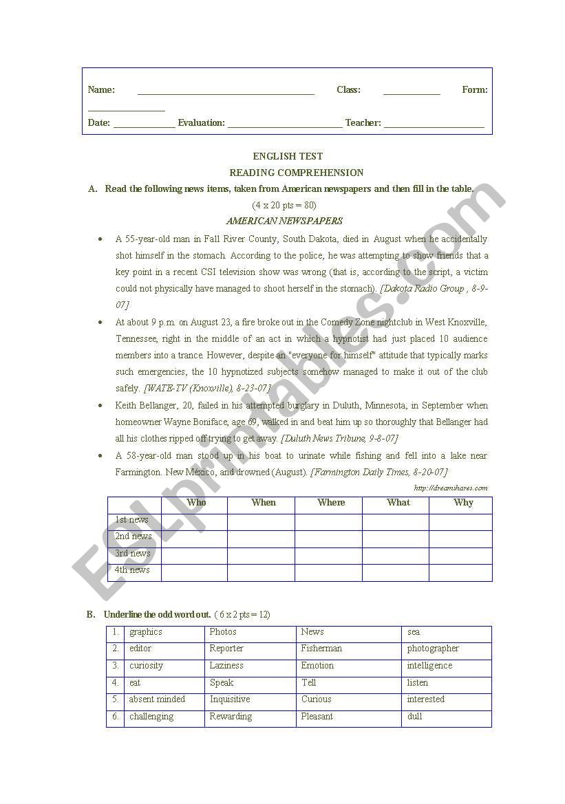 TEST - American Newspapers worksheet