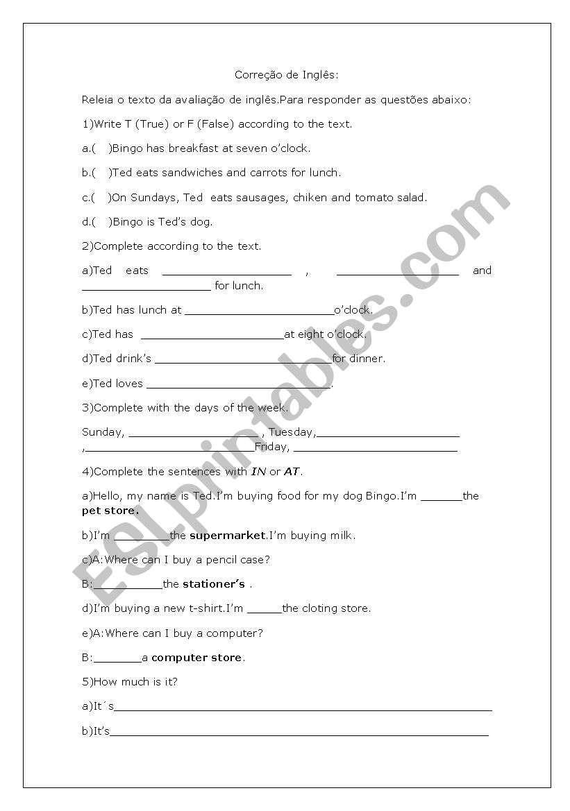 Prepositons in or at worksheet