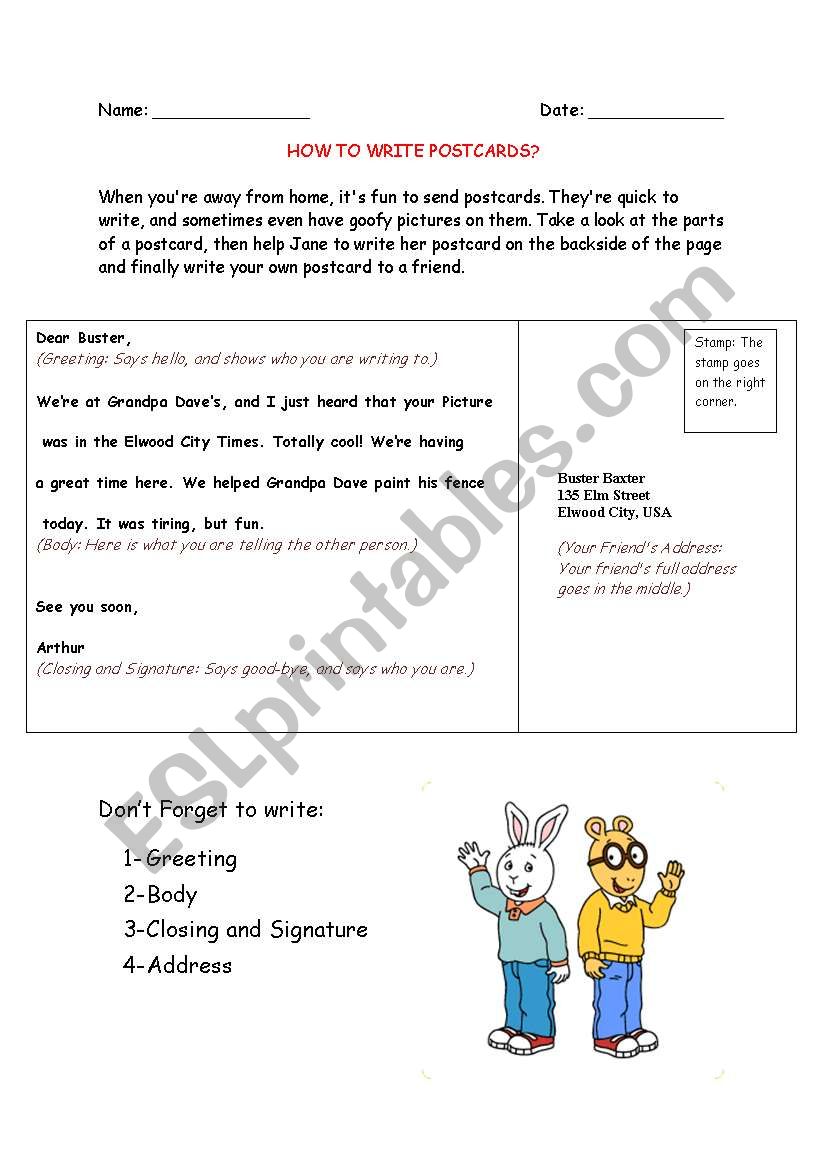 Postcard writing worksheet