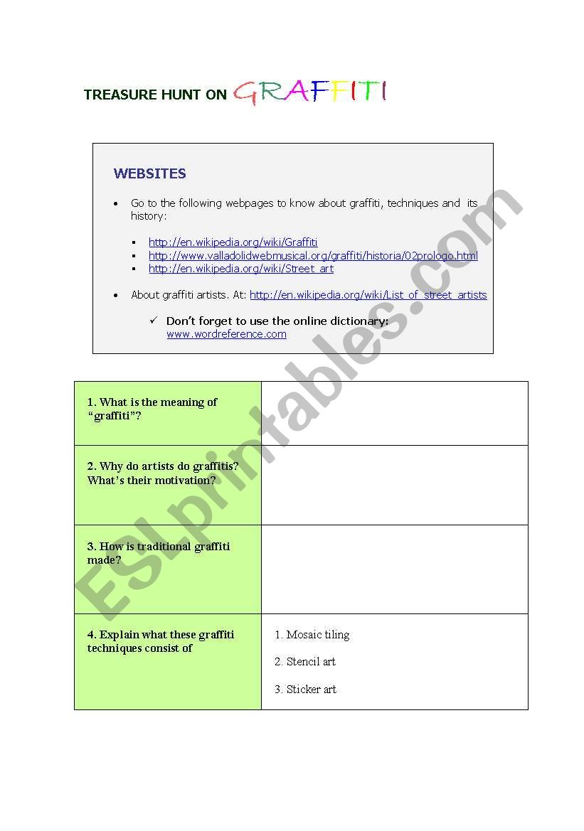 Treasure Hunt on Graffiti worksheet