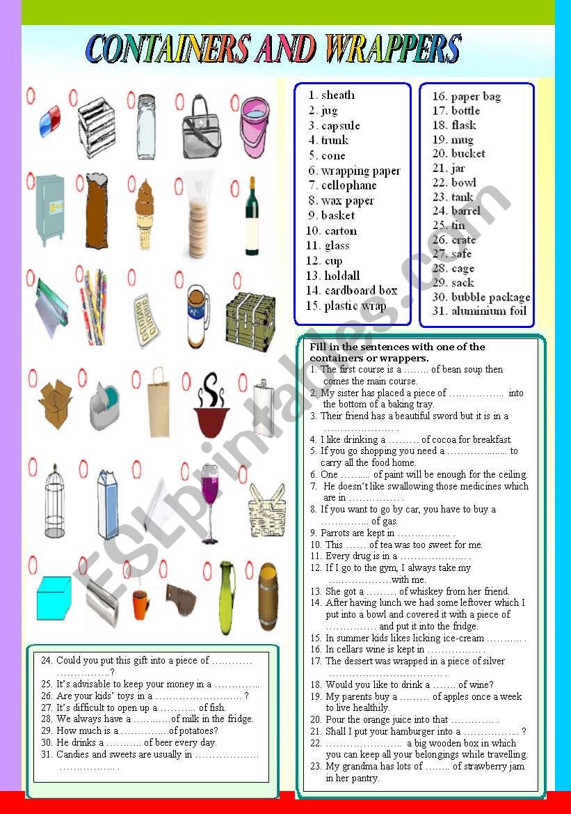 containers and wrappers   worksheet