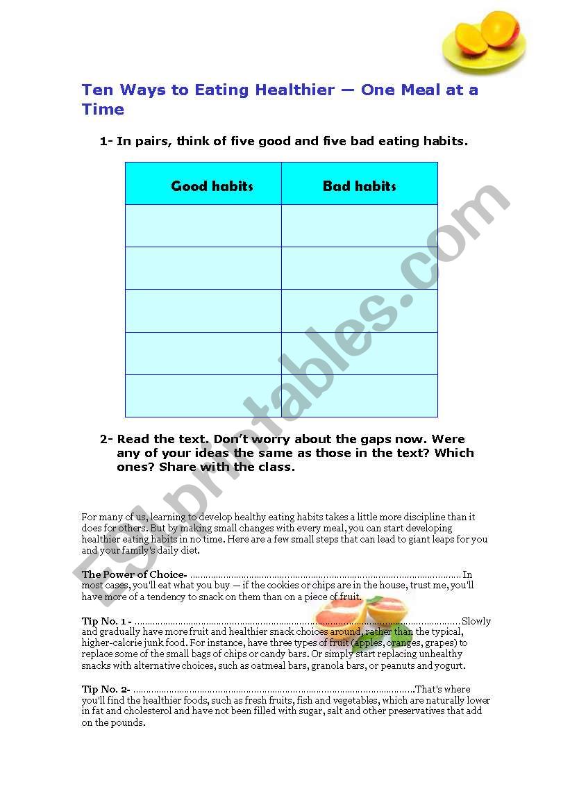 Ten Ways of Eating Healthy  worksheet