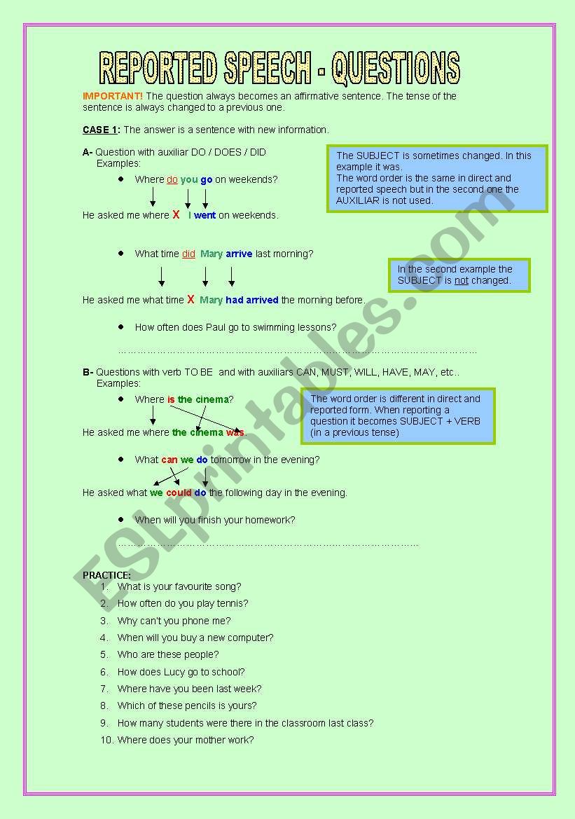 Reported speech questions worksheet
