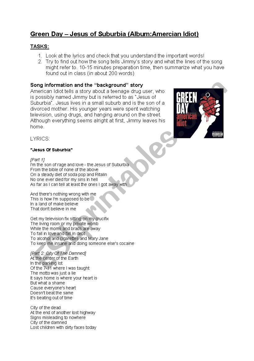 Green Day - Jesus of Suburbia worksheet