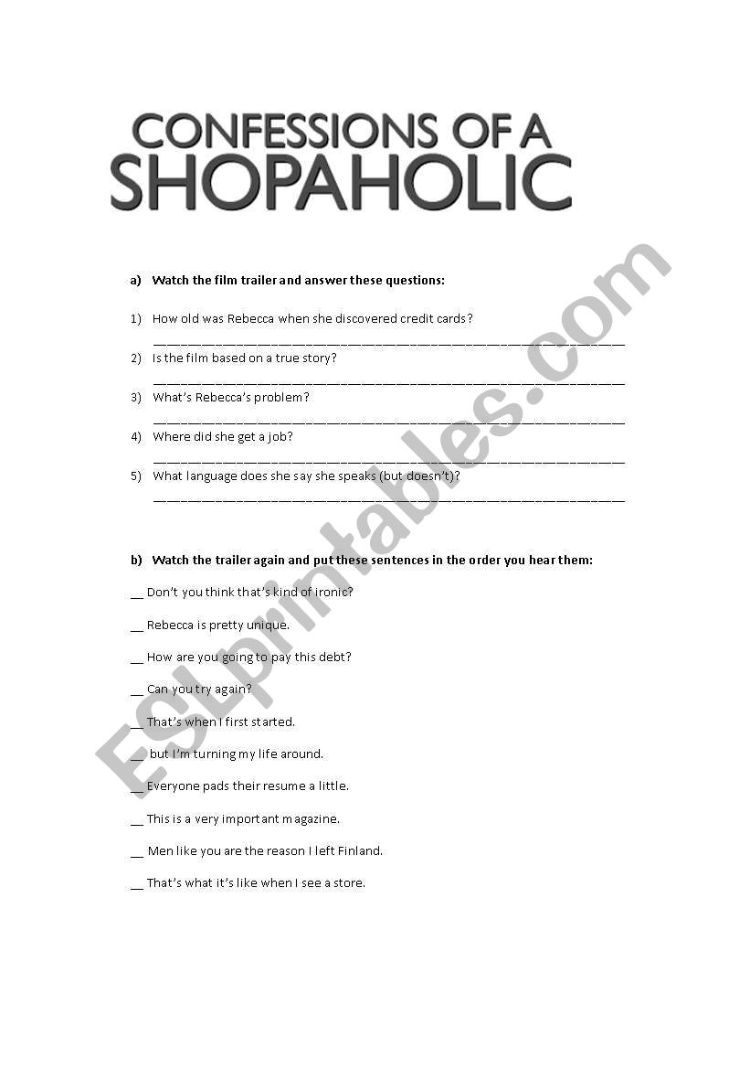 Confessions of a shopaholic worksheet