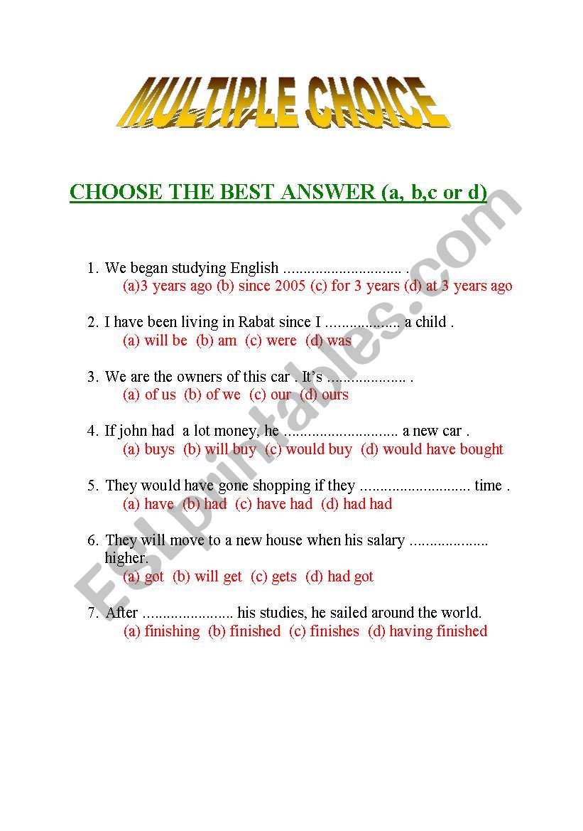 multiple choice worksheet