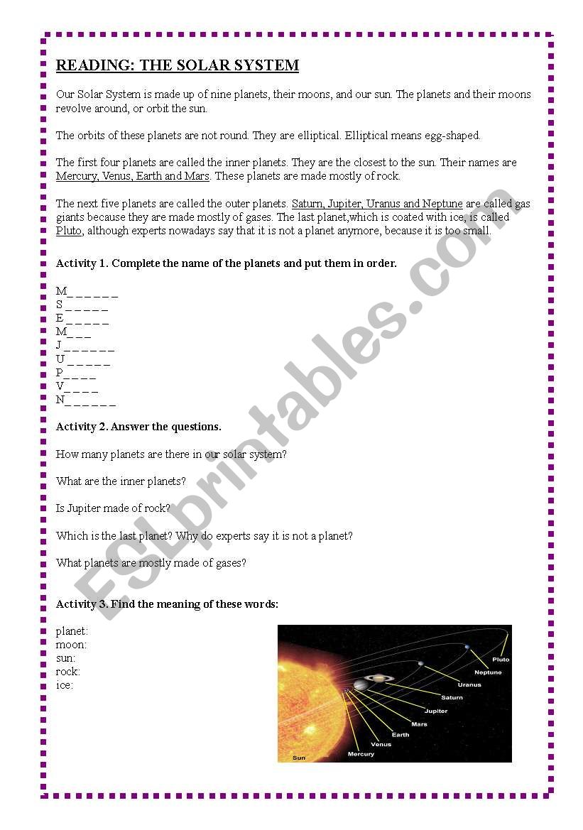 Reading: The Solar System worksheet