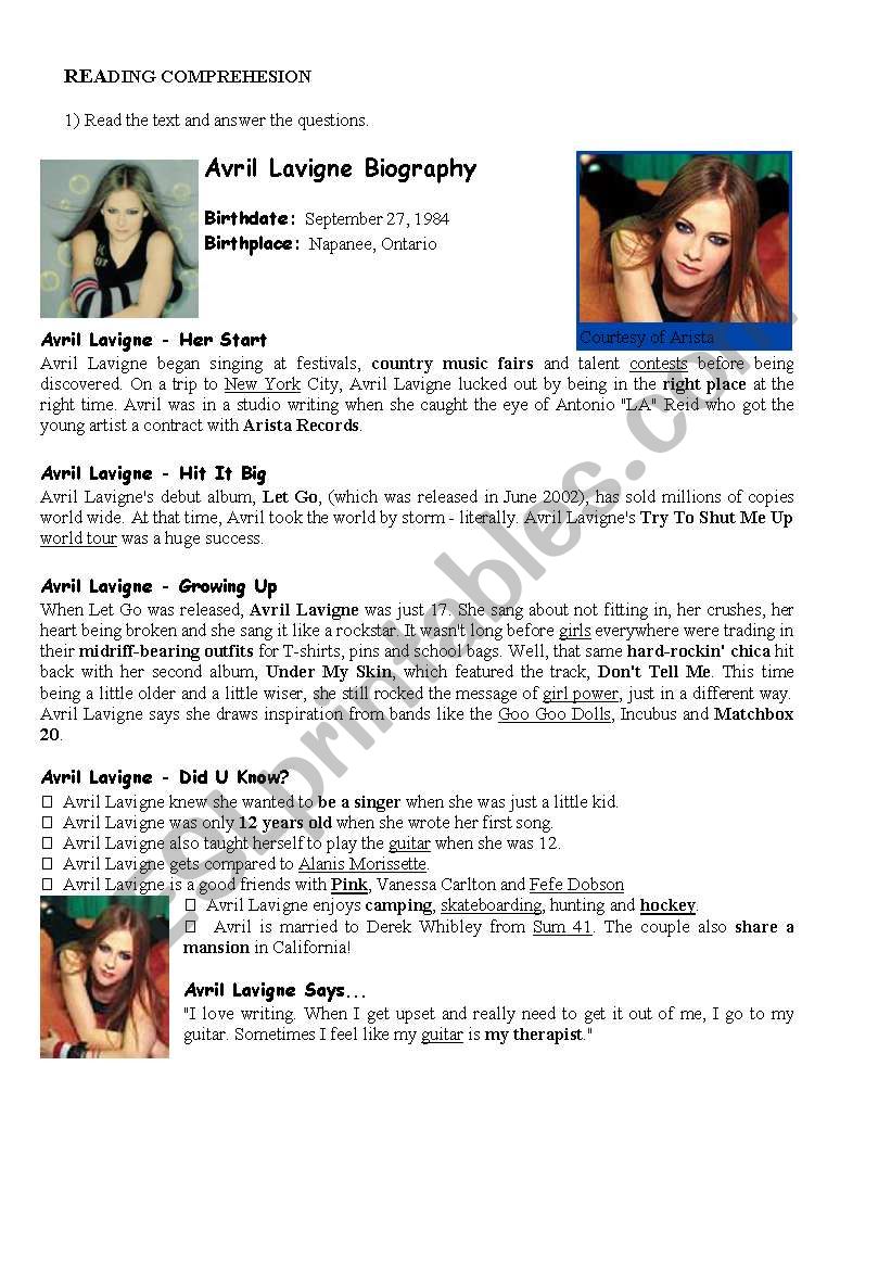 Reading Comprehension Activity Avril Lavigne