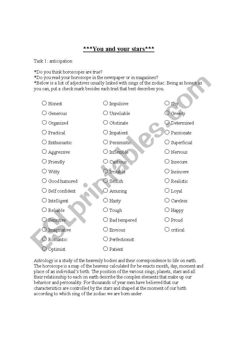 You and your stars worksheet