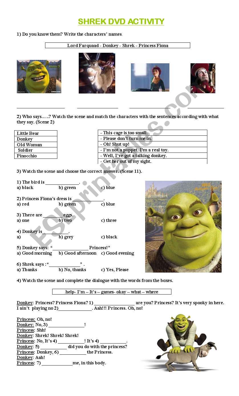 Shrek 1 Very simple activity , great for beginners - ESL worksheet by ...