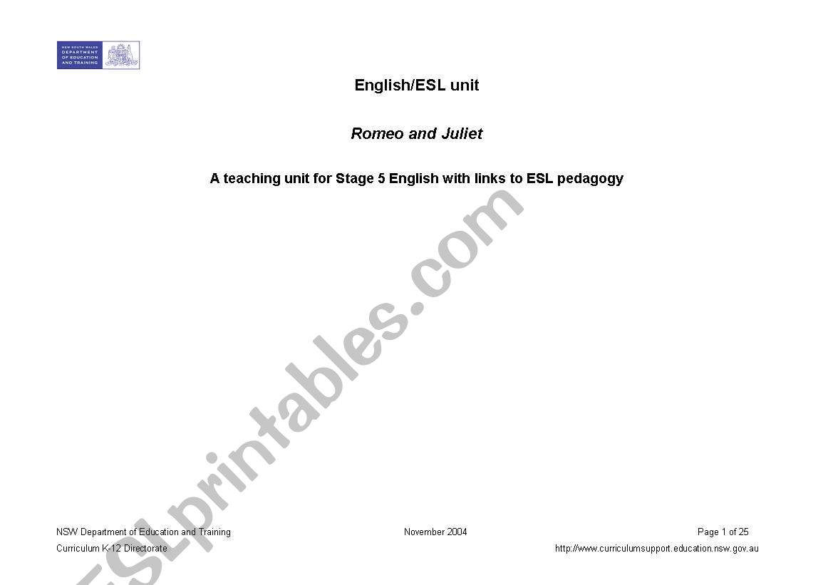 Romeo and Juliet English Program Stage 5