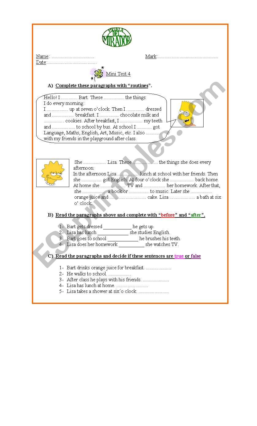 Mini test (Routines) worksheet