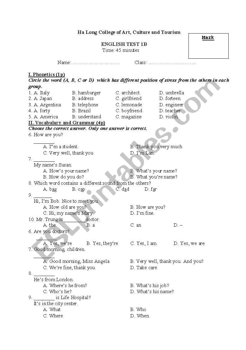 English test worksheet