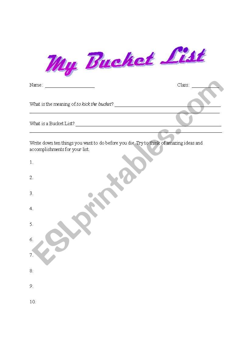 My Bucket List worksheet
