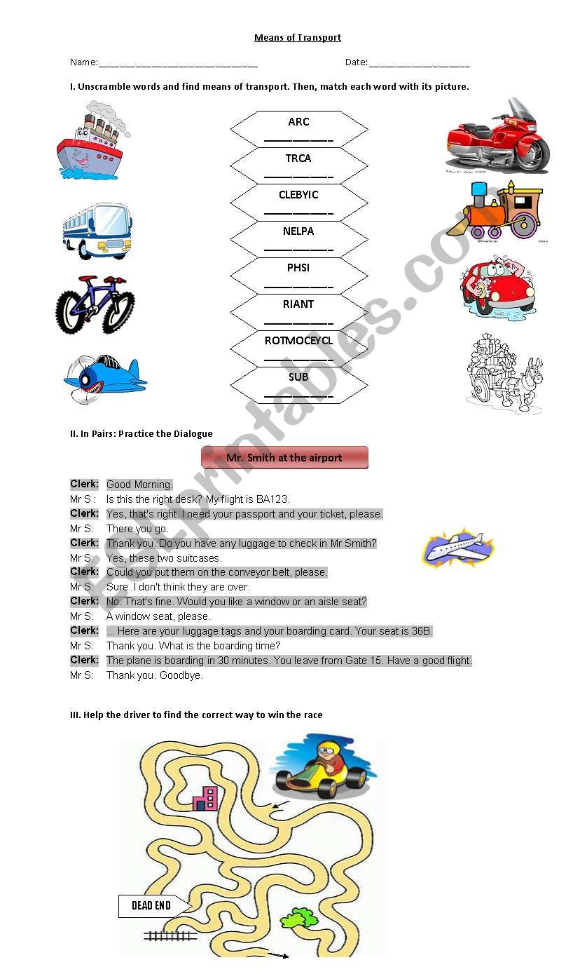 Means of Transport worksheet