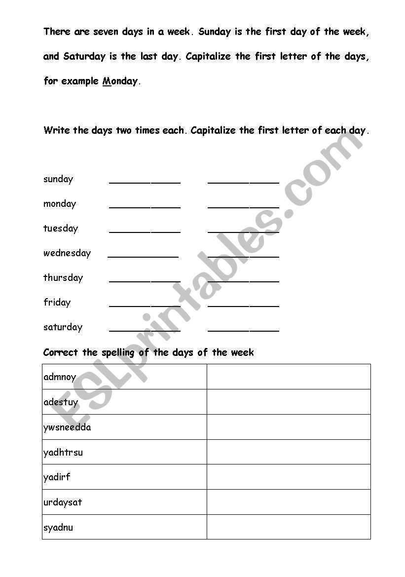 Days of the Week worksheet