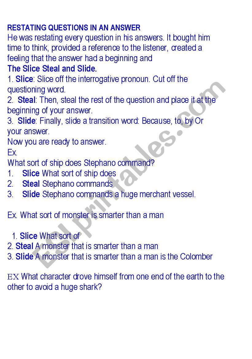 Restaing Questions Notes worksheet