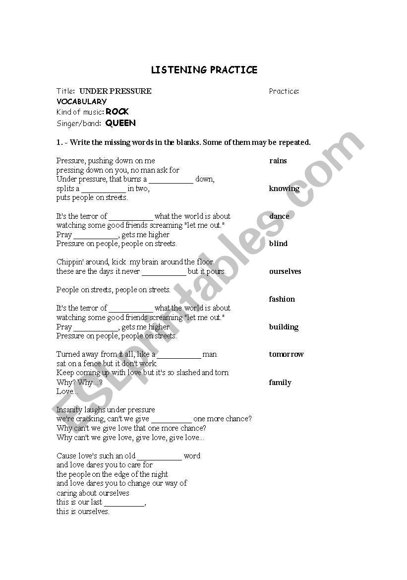 Song: Under Pressure worksheet