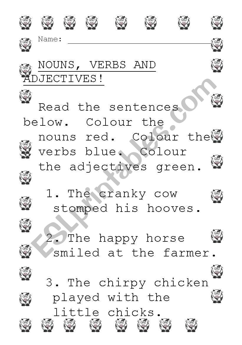 Colour the nouns. verbs and adjectives