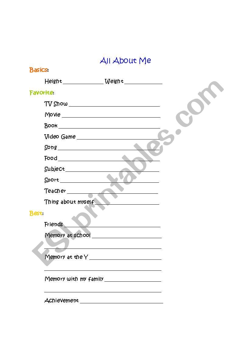 All About Me Time Capsule Worksheet