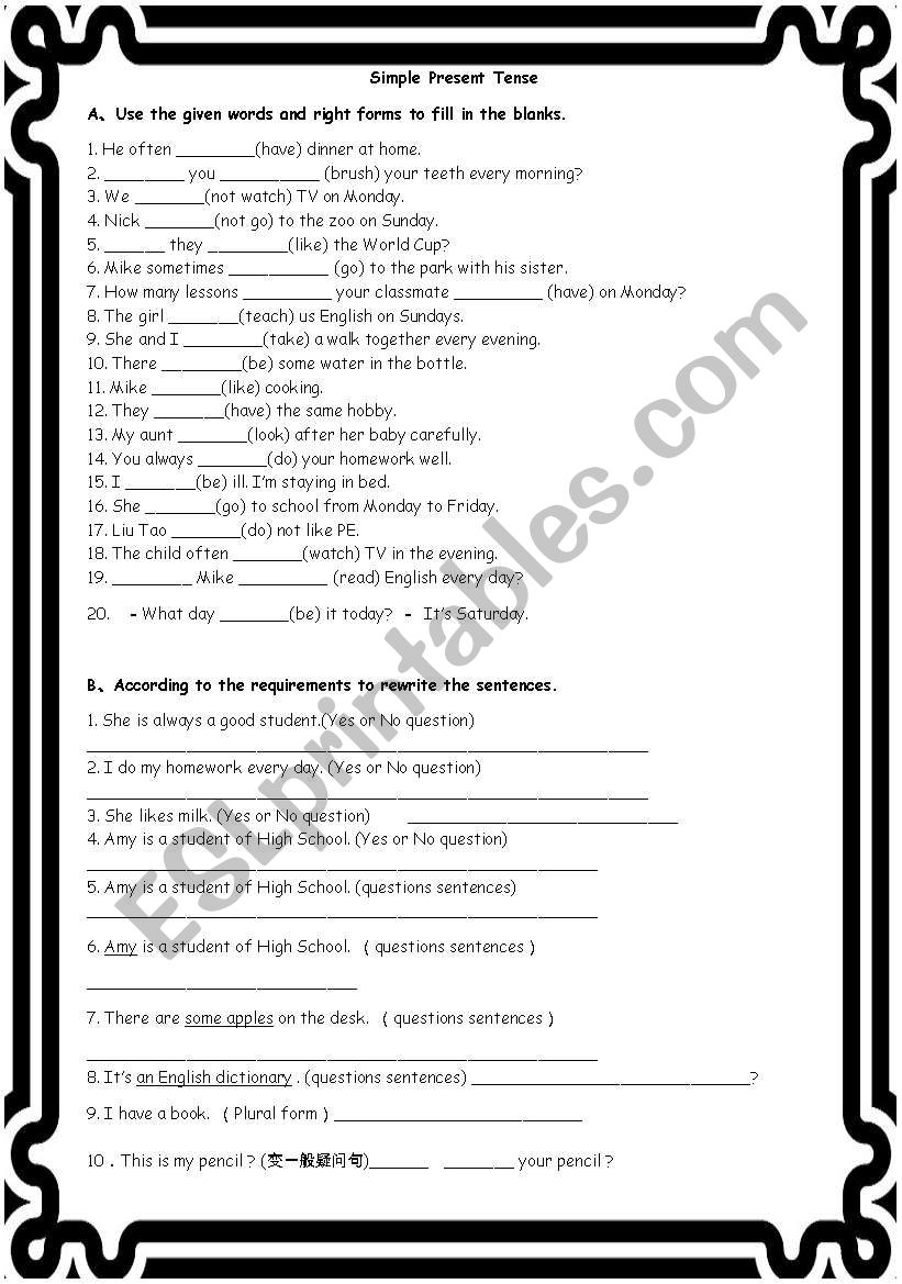 Simple prsent tense worksheet