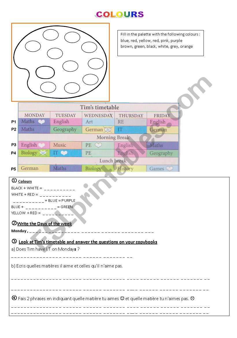 Timetable, school subjects and colours 