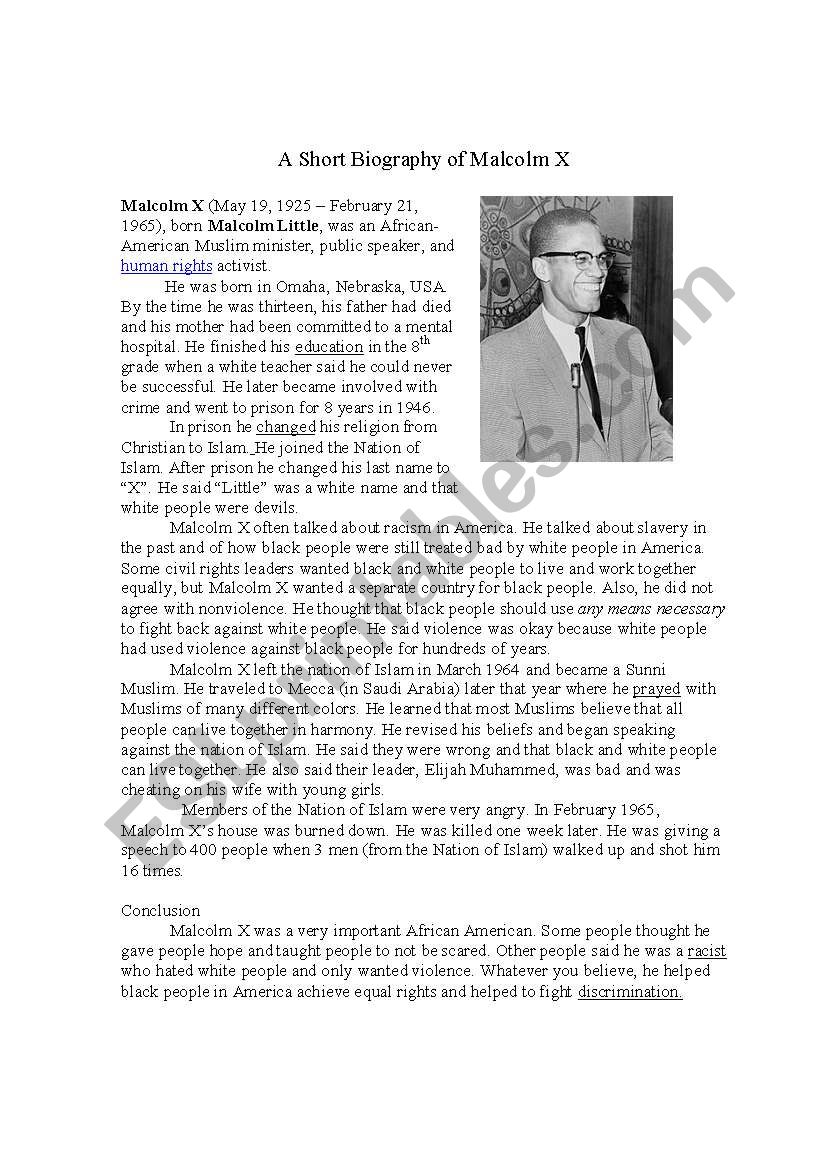 Malcolm X reading excercise worksheet