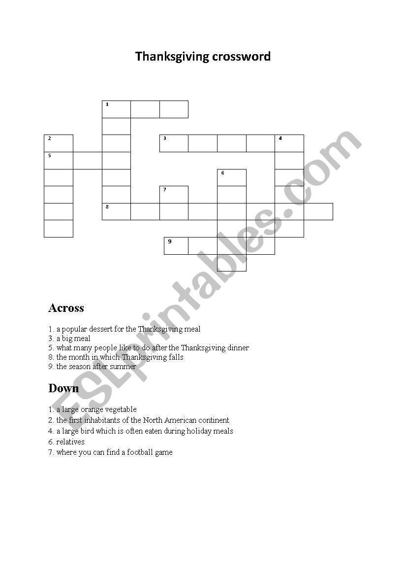 THANKSGIVING CROSSWORD worksheet