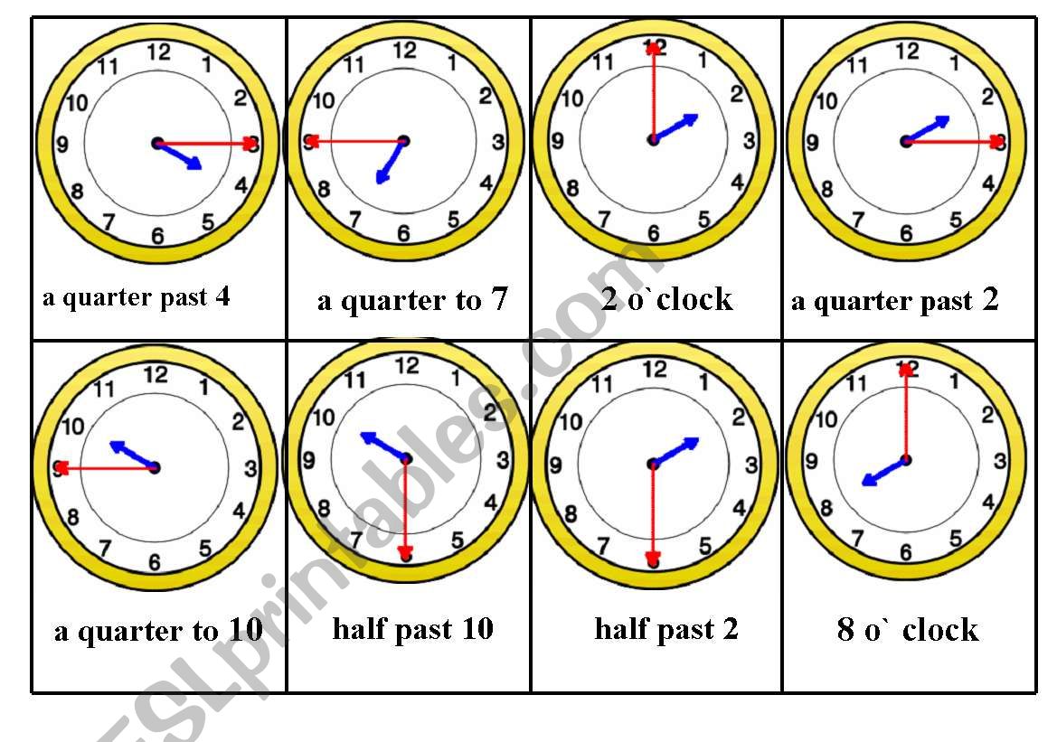 Telling Time Bingo Game. Card nr. 5/6