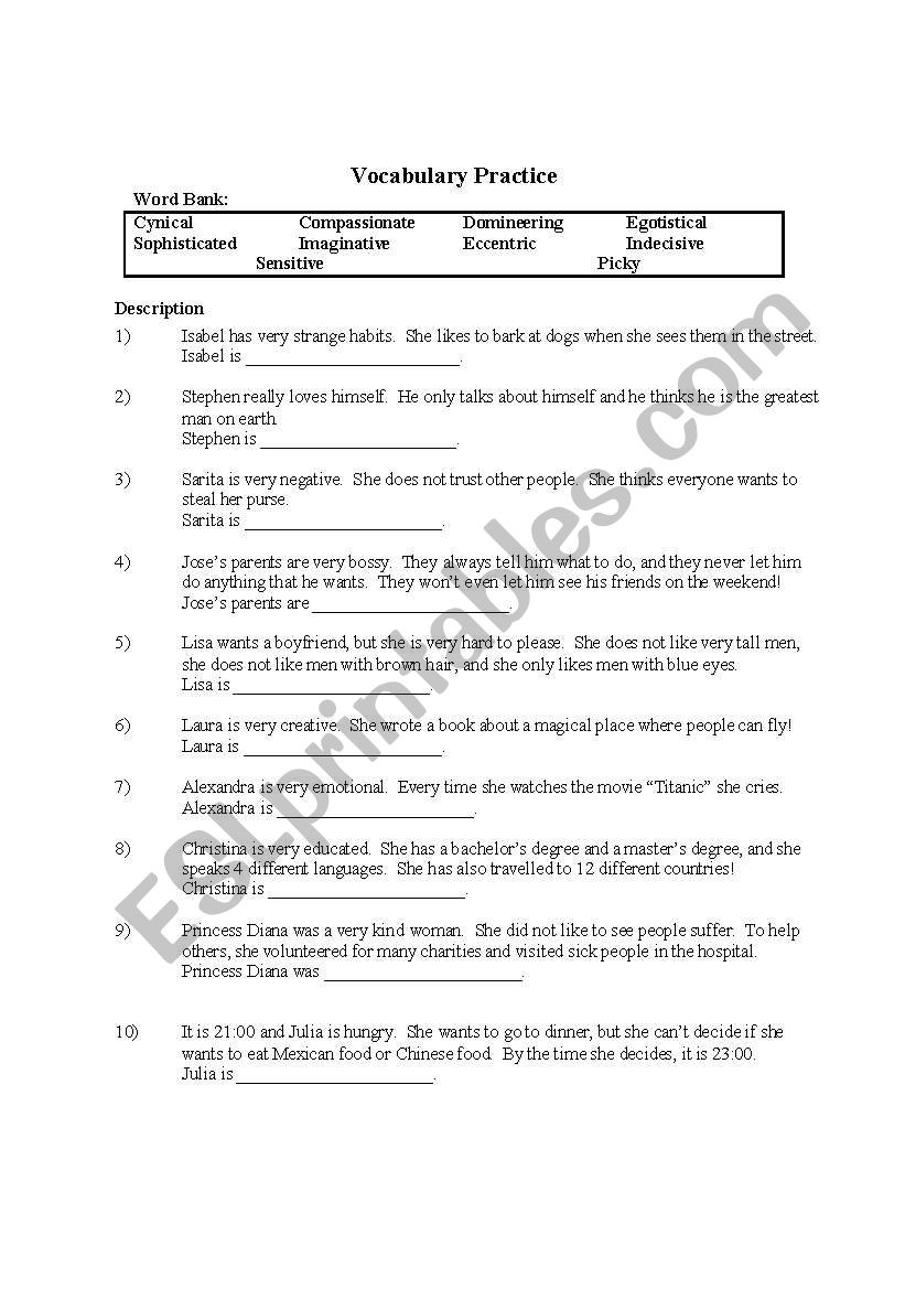 Personality Characteristics  worksheet