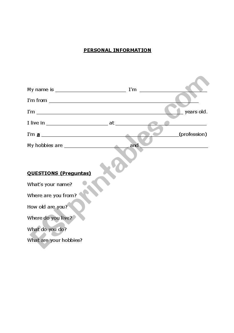 Personal Information worksheet