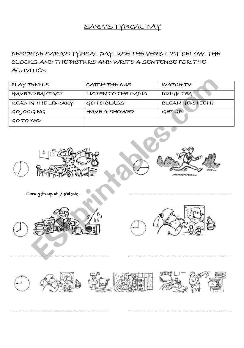 SARA´S TYPICAL DAY (DAILY ROUTINES) - ESL worksheet by brolman02
