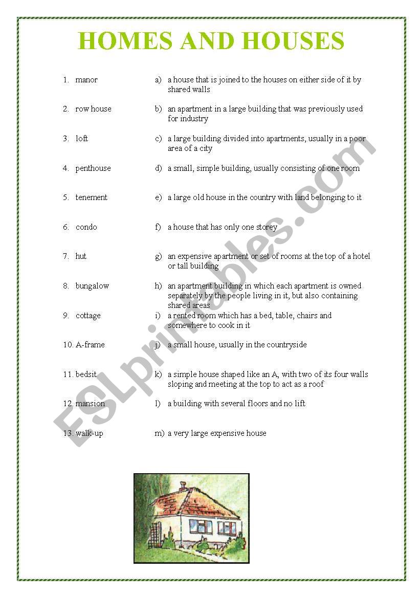 Homes and houses vocabulary worksheet