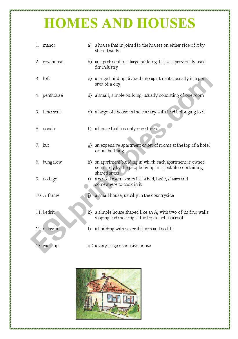 Homes and houses vocabulary worksheet