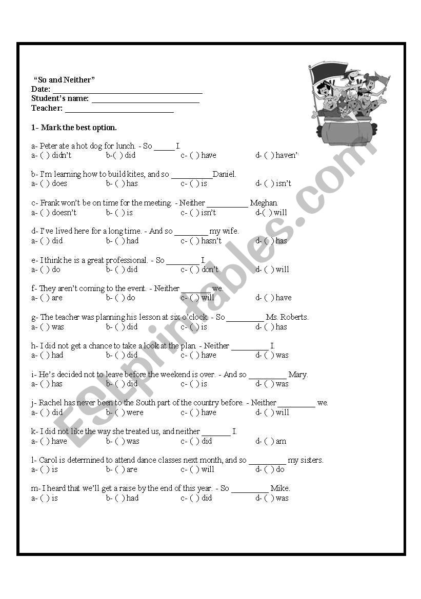 and so / and neither worksheet