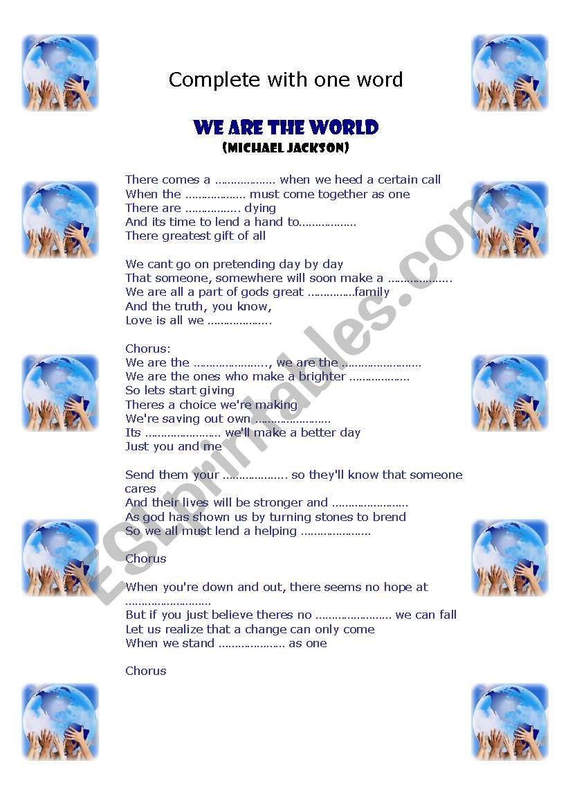 we are the world worksheet