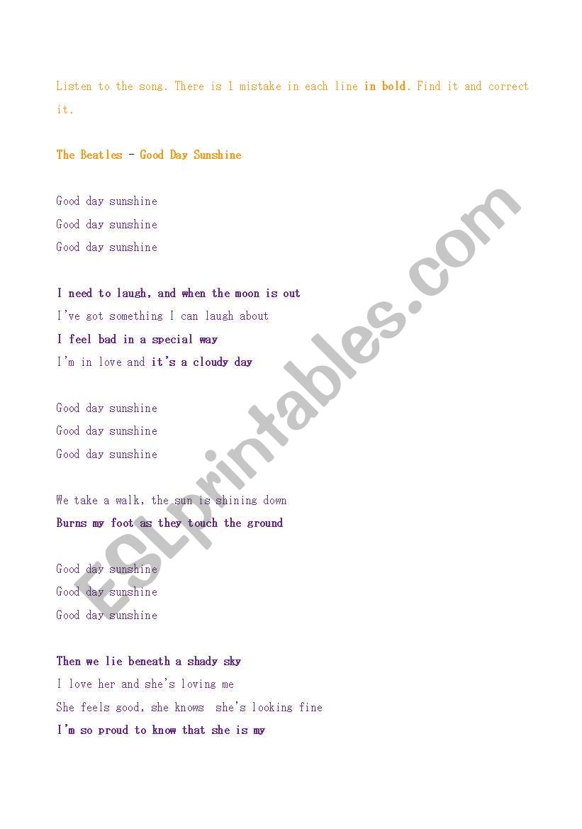 Good Day Sunshine (Beatles) Listening Worksheet