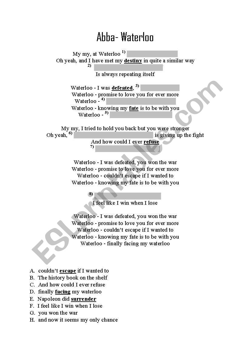 Abba Waterloo worksheet