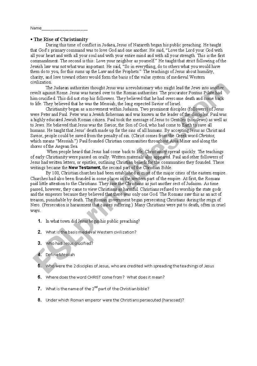 reading on christianity worksheet