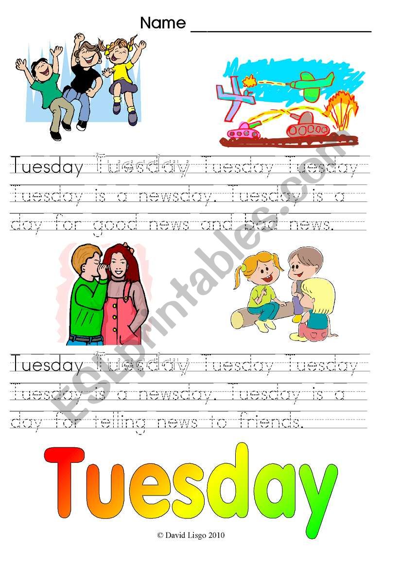 Days of the Week: Tuesday and Wednesday (4 worksheets, color and B & W)