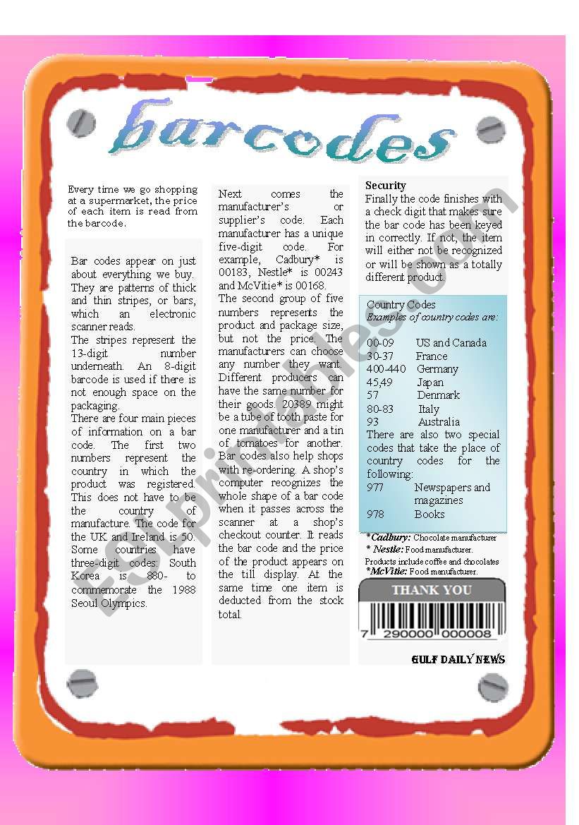 Reading - barcodes worksheet