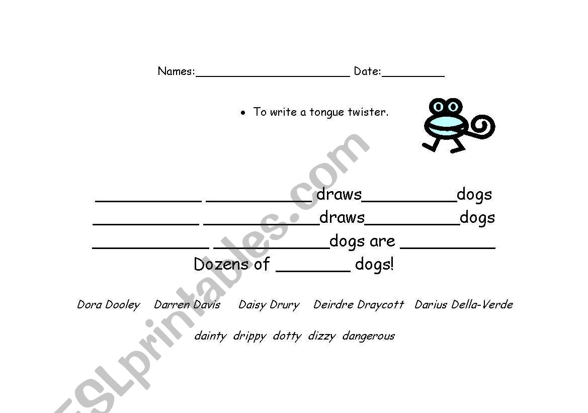 Tongue Twister writing frame worksheet