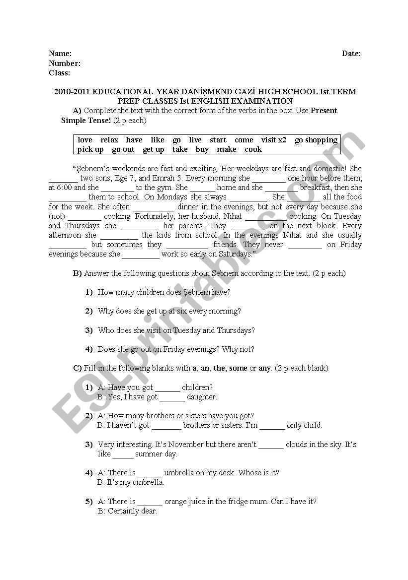 2010 2011 Educational Year 1st Term English Examination For Anatolian High Schools Grade 9 Esl Worksheet By Hakani60