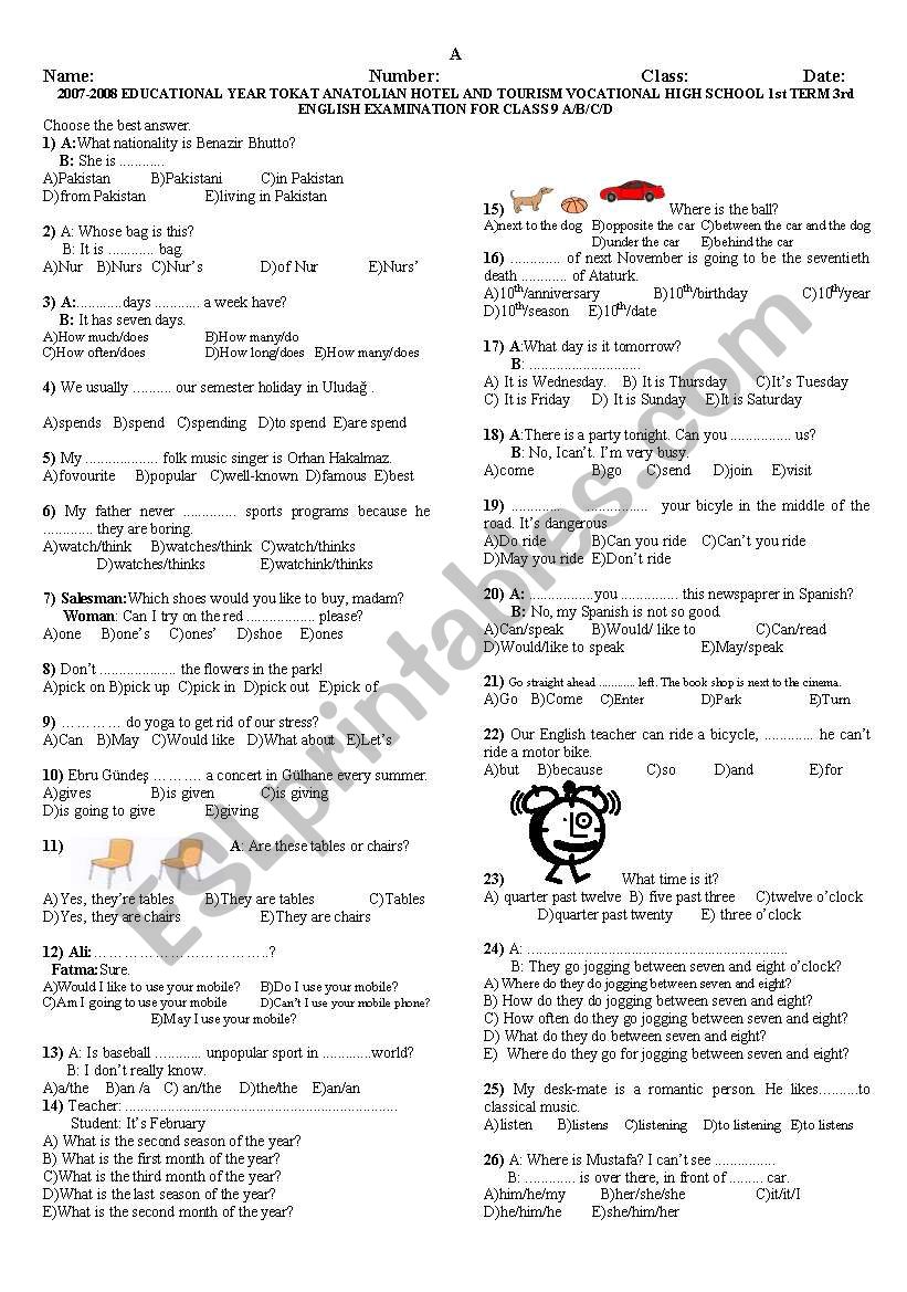 2010-2011 EDUCATIONAL YEAR TOKAT ANATOLIAN HOTEL AND TOURISM VOCATIONAL HIGH SCHOOL 1st TERM,  CLASS 9