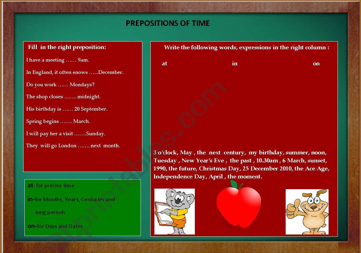 prepositions of time worksheet